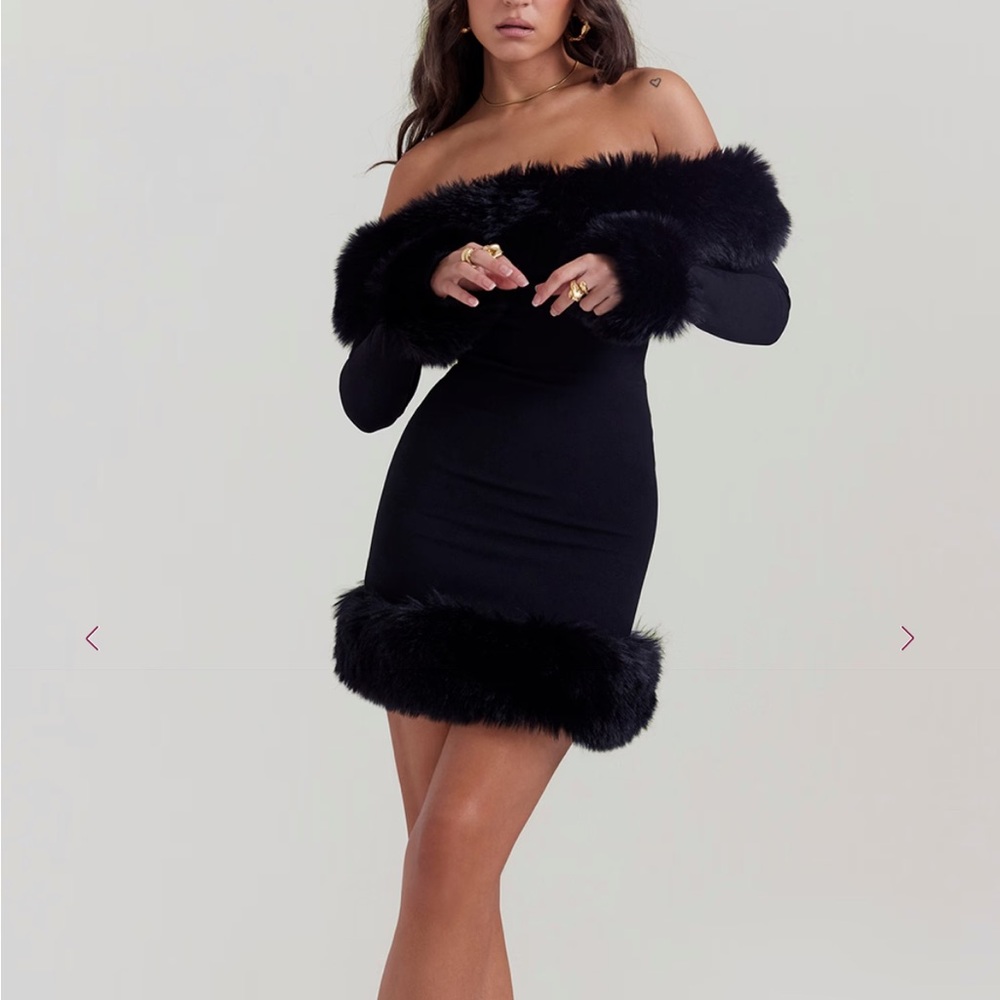**SOLD** HOUSE OF CB Keilani Faux Fur Trim Mini Dress in Black